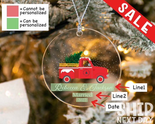 Personalized Red Truck Ornament, Custom Married Ornament, Christmas Engaged Ornament, Christmas Couples Ornament, Holiday Gifts, Couple Gift