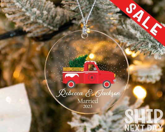 Personalized Red Truck Ornament, Custom Married Ornament, Christmas Engaged Ornament, Christmas Couples Ornament, Holiday Gifts, Couple Gift