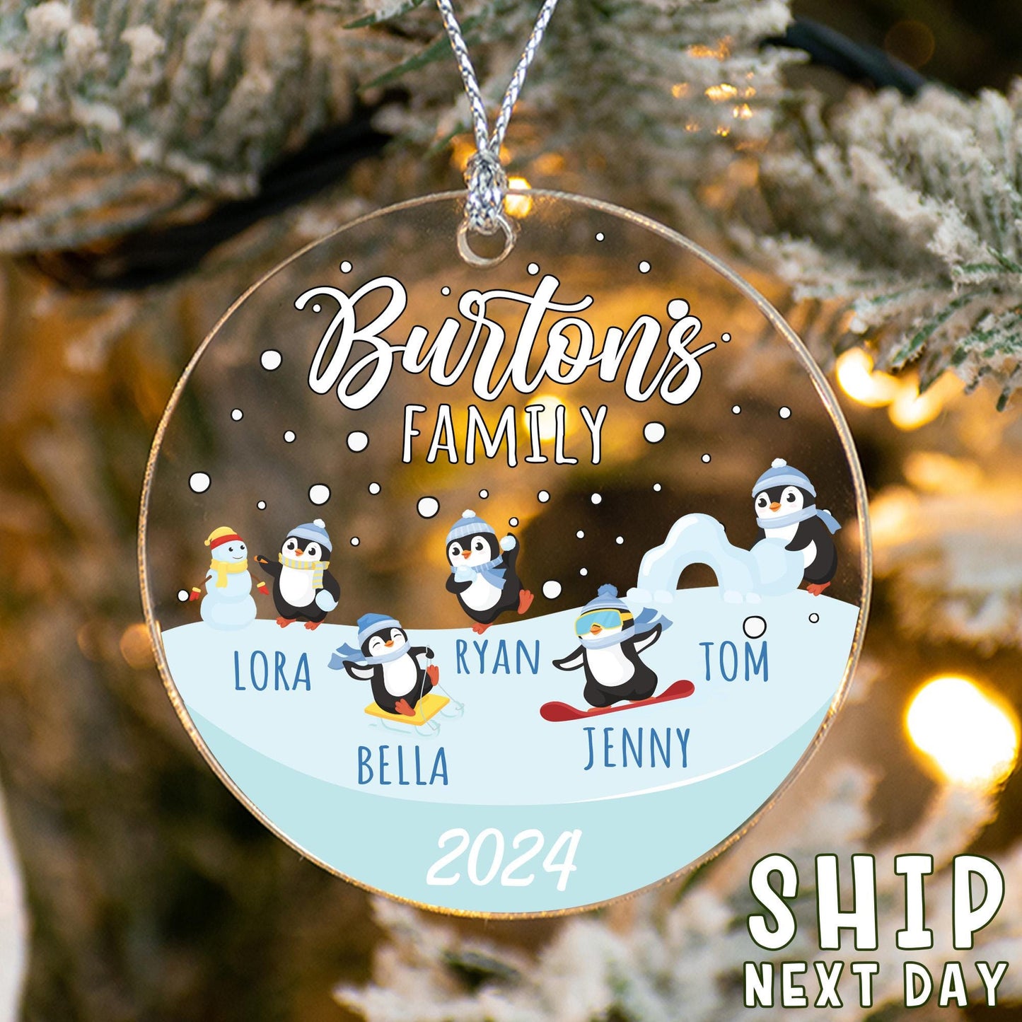 Custom Family Name Ornament, Penguin Family Ornament, Personalized Family 2024 Ornament, Christmas Tree Ornament, Christmas Decorations