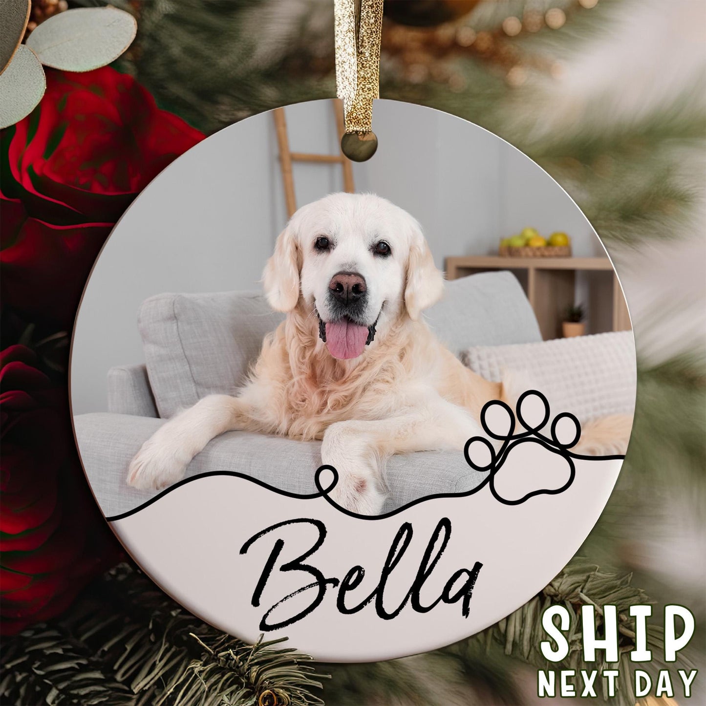 Custom Pet Photo Ornament, Christmas Pet Picture Ornament, Christmas Gift For Pet Lover, Pet Portrait Name Gift, Personalized Pet Name Gift