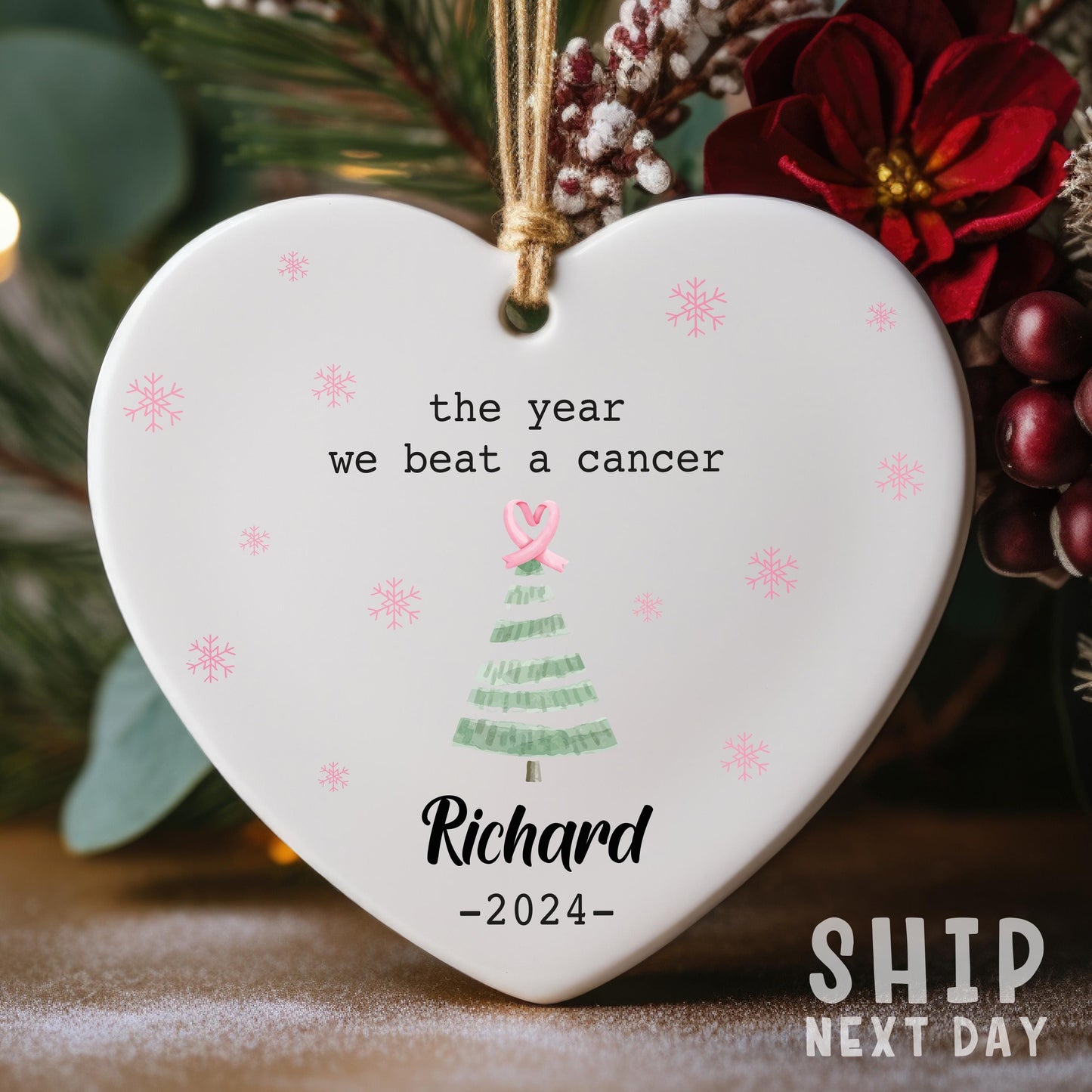 The Year We Beat A Cancer Ornament, Custom Name Heart Ornament, Personalized Name Cancer Fighter Ornament, Cancer Survivor Keepsake Gift