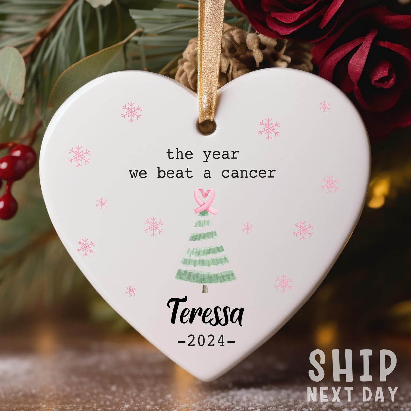 The Year We Beat A Cancer Ornament, Custom Name Heart Ornament, Personalized Name Cancer Fighter Ornament, Cancer Survivor Keepsake Gift