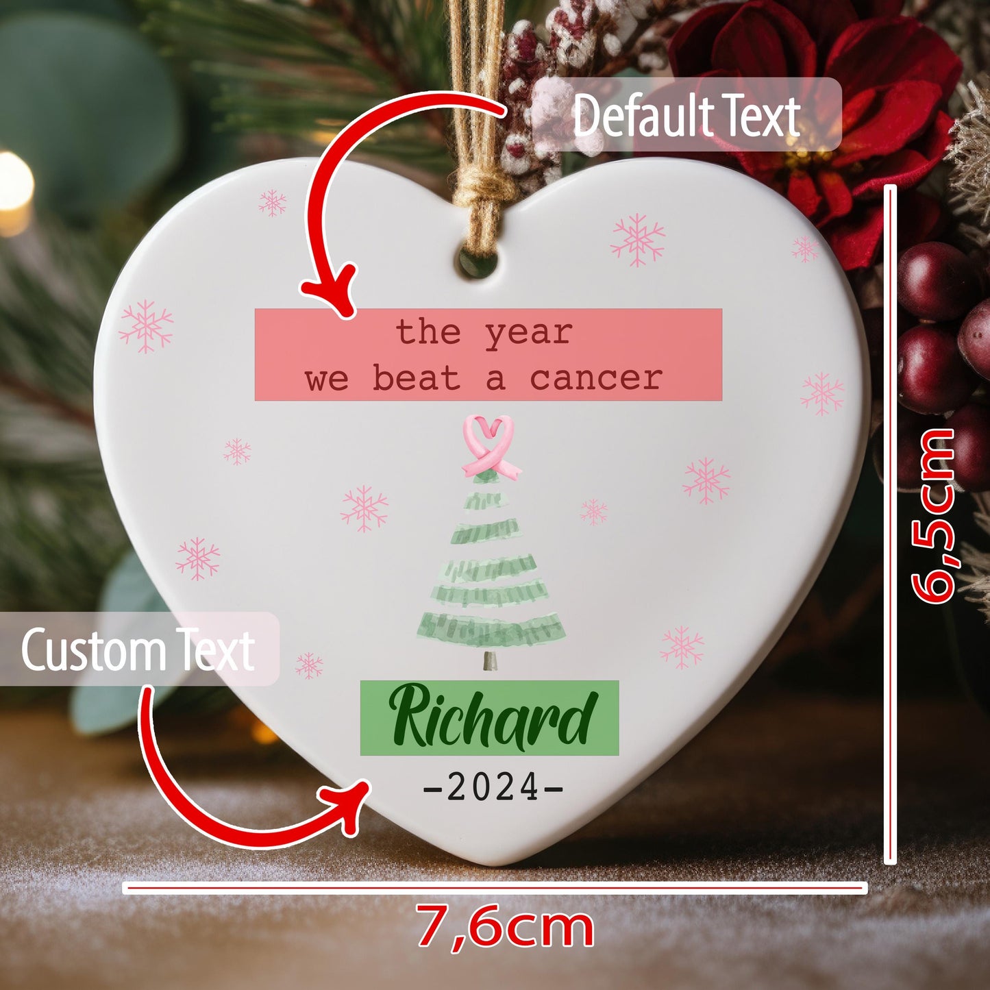 The Year We Beat A Cancer Ornament, Custom Name Heart Ornament, Personalized Name Cancer Fighter Ornament, Cancer Survivor Keepsake Gift