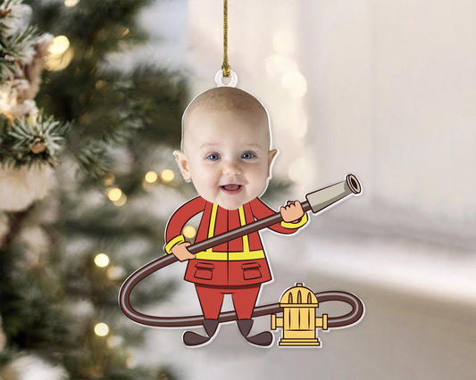 Personalized Baby Photo Ornament, Custom Baby Photo Firefighter Ornament, Gift For Kids, Customize Baby Ornament, Gift For Boys, Xmas Decor